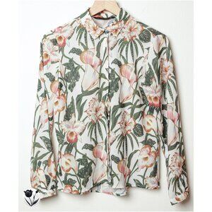 ZARA Basic Floral Tropical Blouse XS Button Up Long Sleeve Lightweight Top